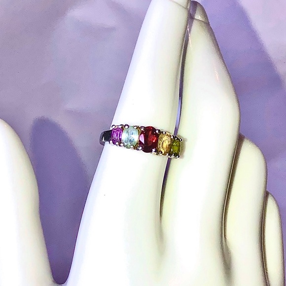 MULTI-GEMSTONE Sterling Silver Single Band Inlay Vintage Ring Sz 7 - Picture 4 of 17
